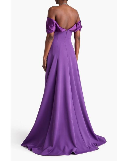 Rhea Costa Purple Kylie Off-the-shoulder Satin-trimmed Crepe Gown