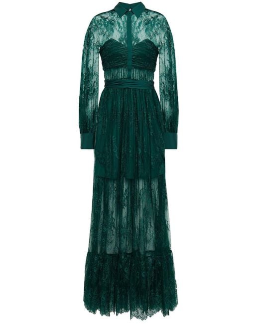 Self-Portrait Green Gathered Chantilly Lace Maxi Dress