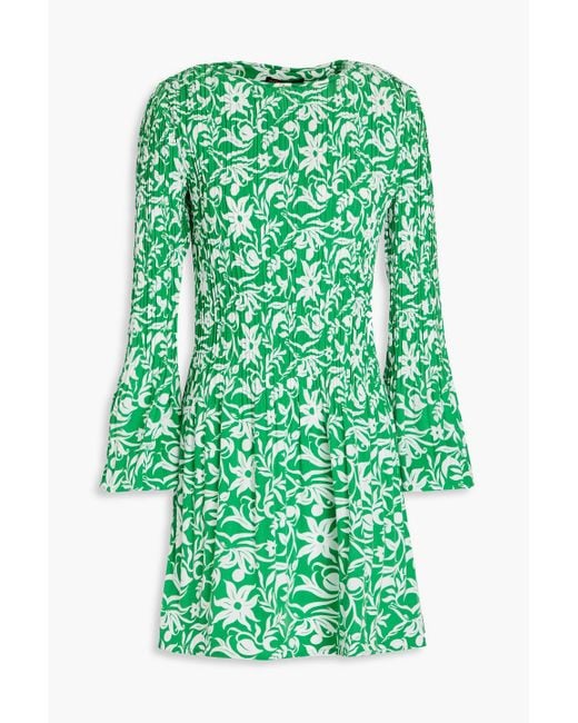 Maje Green Floral-print Plissé-crepe Mini Dress