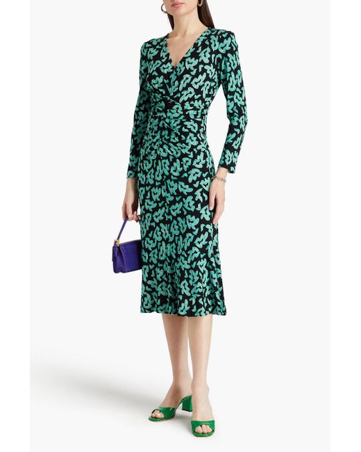 Diane von Furstenberg Green Timmy Draped Printed Jersey Midi Dress