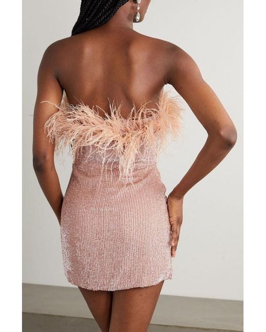 retroféte Pink Torin Strapless Feather-trimmed Sequined Crepe Mini Dress