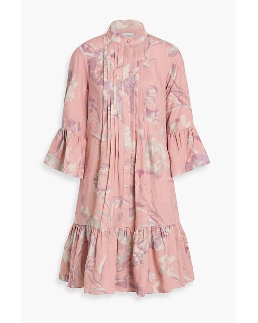 Erdem Pink Pintucked Floral-Print Linen Dress