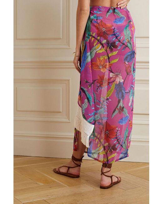 PATBO White Pareo "zamia" aus chiffon mit print, häkelbesatz und fransen