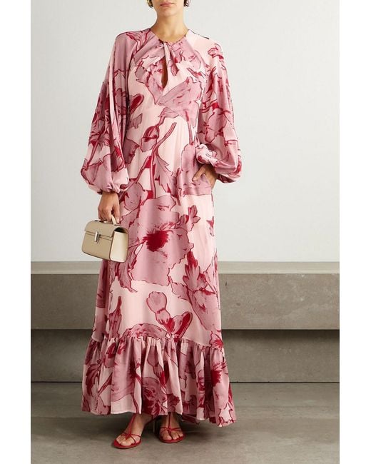 LaDoubleJ Red Printed Silk-Blend Chiffon Maxi Dress
