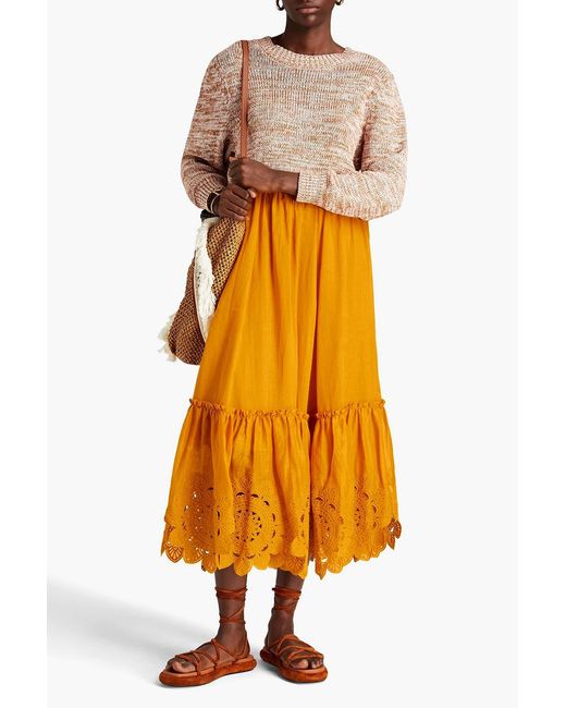 Zimmermann Orange Embroidered Ruffle-trimmed Ramie Wrap Skirt