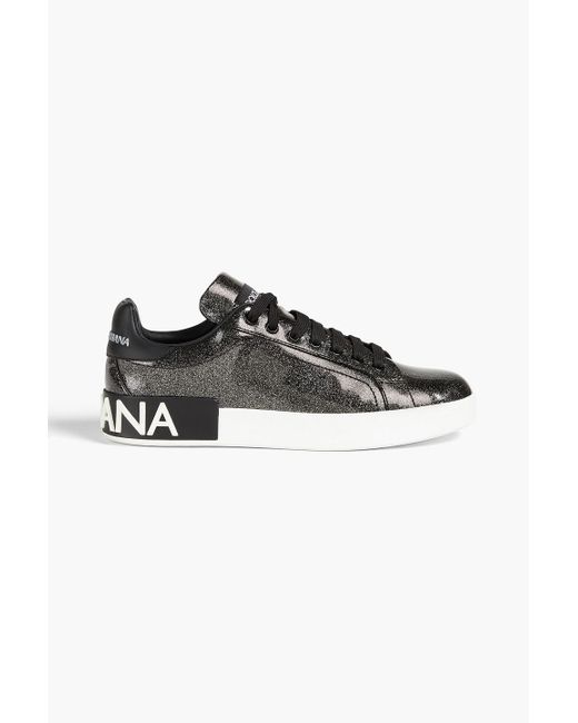 Dolce & Gabbana Black Glittered Glossed-leather Sneakers