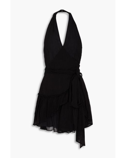 LoveShackFancy Black Aleena Wrap-effect Ruffled Crepon Halterneck Mini Dress