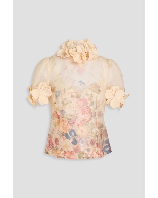 Zimmermann Natural Appliquéd Floral-print Linen And Silk-blend Top