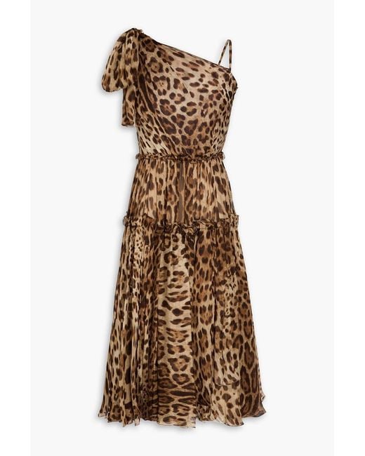 Dolce & Gabbana Natural One-shoulder Bow-detailed Leopard-print Silk-chiffon Midi Dress