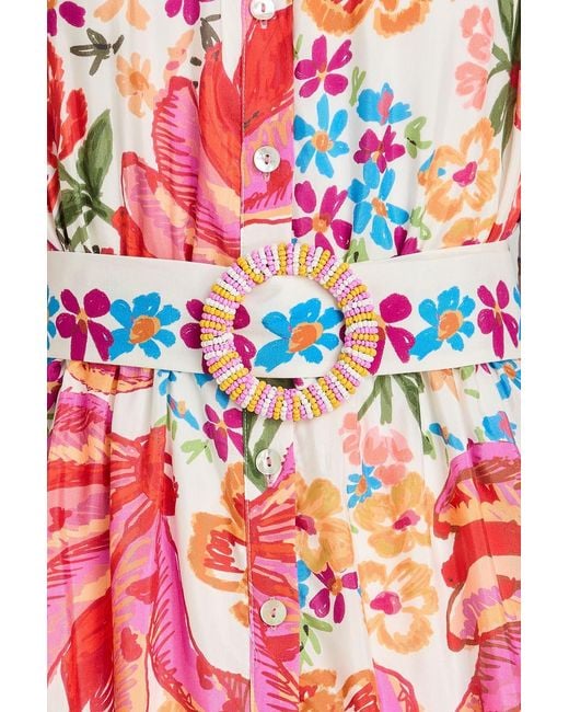 Farm Rio Red Belted Floral-print Cotton-blend Mini Dress