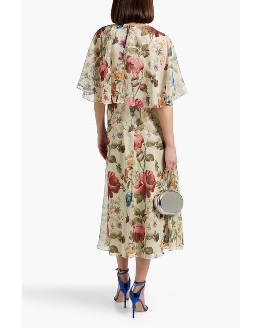 Mikael Aghal Metallic Layered Floral-Print Chiffon Midi Dress
