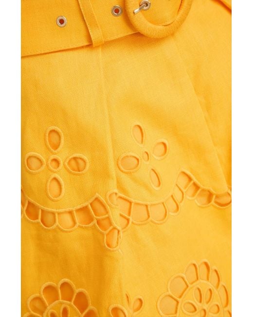 Zimmermann Yellow Shorts aus leinen mit lochstickerei und gürtel