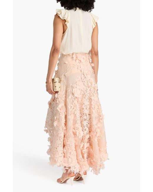 Zimmermann Pink Floral-appliquéd Linen And Silk-blend Organza Maxi Skirt