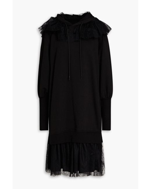 RED Valentino Black Ruffled Point D'esprit And French Cotton-blend Terry Hooded Dress
