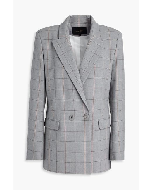 Maje Gray Double-breasted Checked Wool-blend Blazer