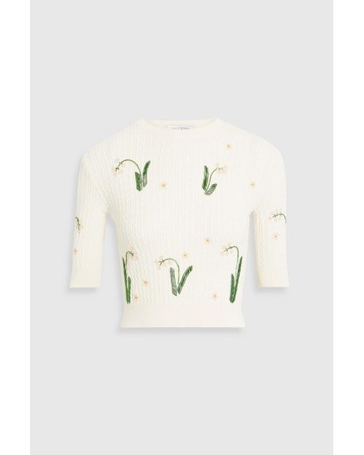 Valentino Garavani Natural Bead-embellished Cable-knit Wool, Silk And Cashmere-blend Top