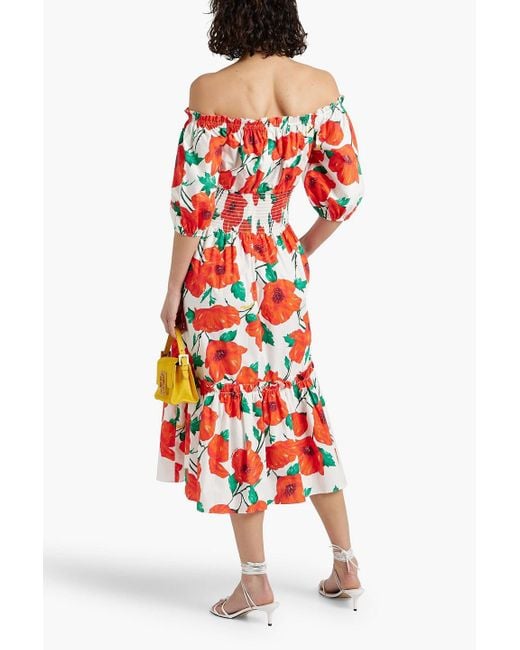 Cara Cara Red Off-the-shoulder Floral-print Cotton-poplin Midi Dress