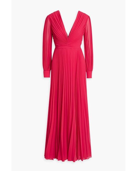 Badgley Mischka Red Plissé-chiffon Gown