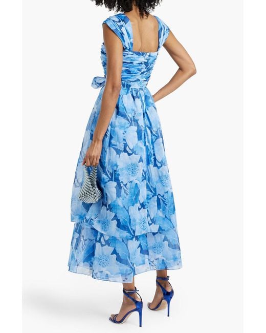 Mikael Aghal Blue Ruched Tiered Floral-print Organza Midi Dress