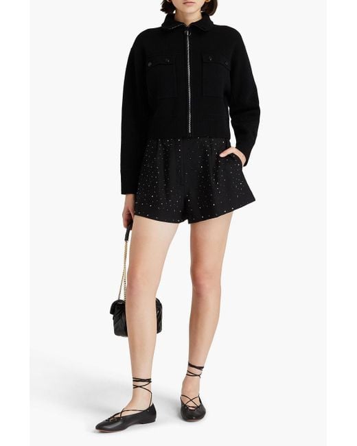 Sandro Black Crystal-embellished Knitted Zip-up Cardigan