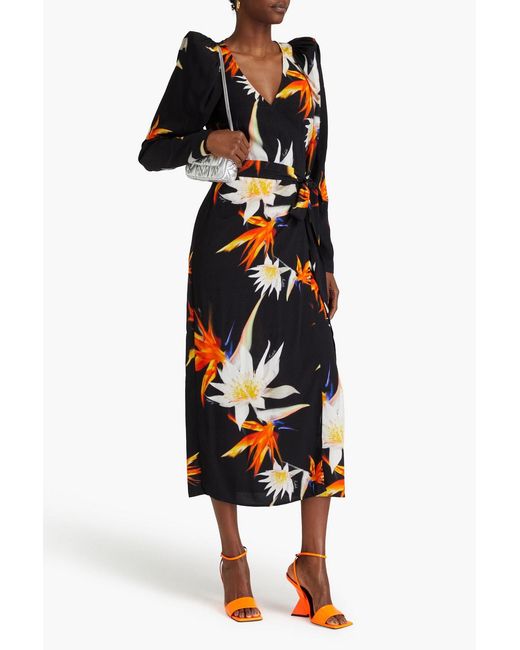 ROTATE BIRGER CHRISTENSEN Black Floral-print Satin-jacquard Midi Wrap Dress