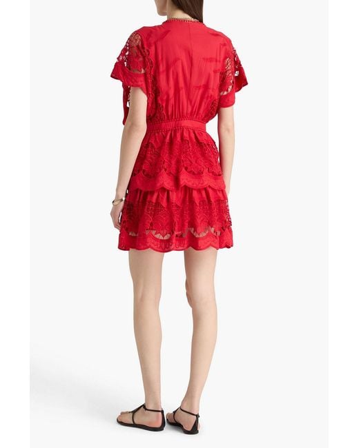 Farm Rio Tiered Guipure Lace-Paneled Cotton Mini Dress