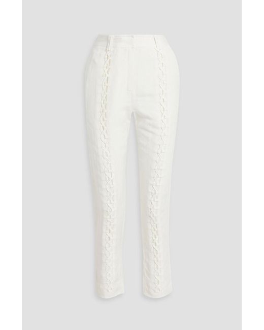 Aje. White Impressionist Lace-up Linen-bend Slim-leg Pants