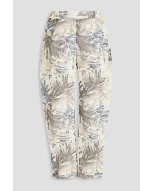 Gentry Portofino White Cropped Printed Linen-blend Tapered Pants