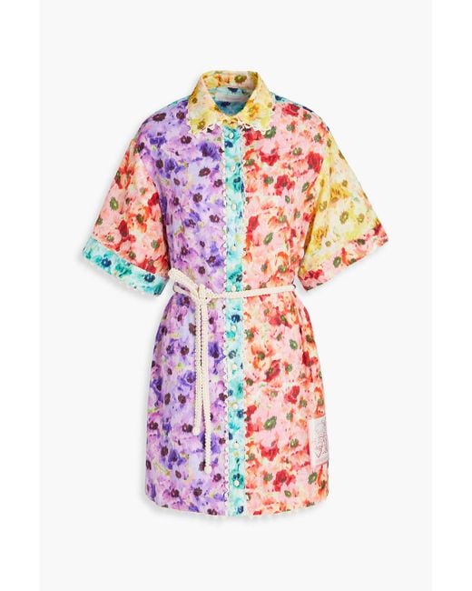 Zimmermann White Crochet-trimmed Floral-print Cotton Mini Shirt Dress