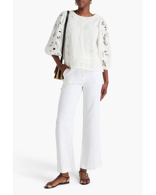 Farm Rio White Richillieu Pintucked Broderie Anglaise Cotton Blouse
