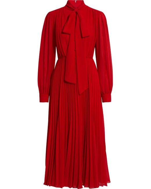 Mikael Aghal Synthetic Pussy-bow Pleated Crepe Midi Dress in Red - Lyst