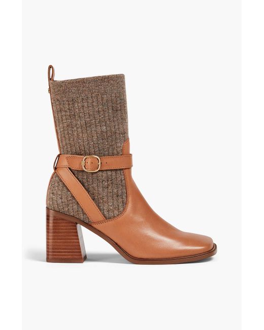 Sam Edelman Brown Buckled Stretch-knit And Leather Ankle Boots