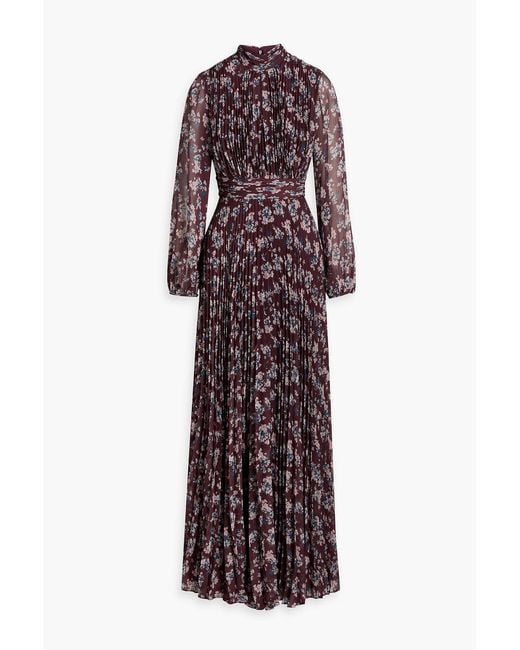 Mikael Aghal Purple Pleated Floral-Print Georgette Maxi Dress