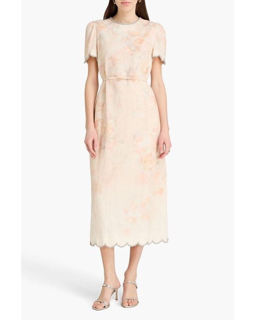 Zimmermann Orange Crystal-Embellished Floral-Print Linen Midi Dress