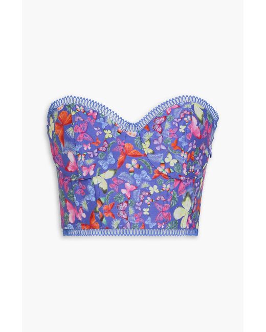 Charo Ruiz Blue Vio Cropped Floral-print Cotton-blend Voile Bustier Top