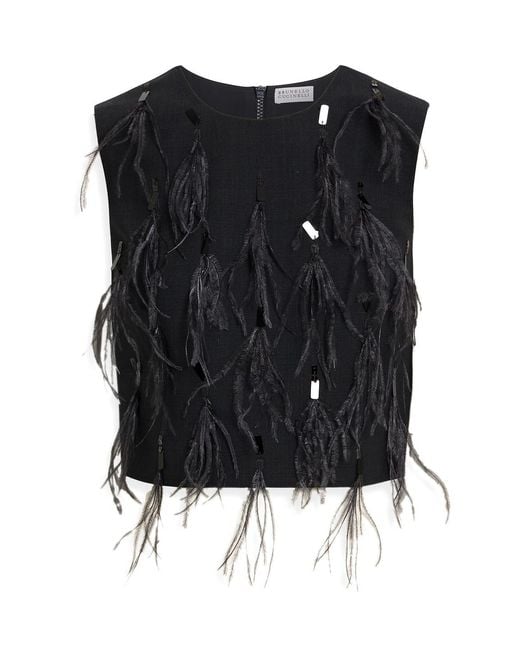 Brunello Cucinelli Black Cropped Embellished Wool-Blend Top