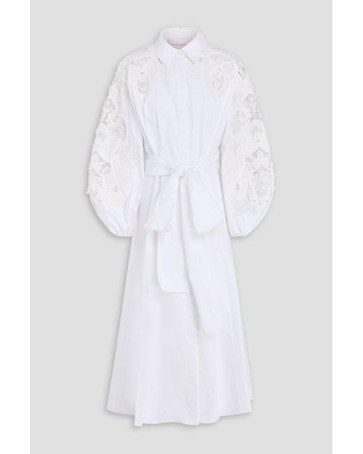 Carolina Herrera White Lace-trimmed Cotton-twill Midi Shirt Dress