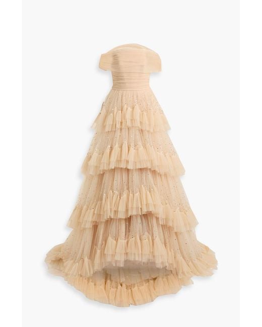 Jenny Packham Natural Queenie Off-the-shoulder Tiered Embellished Tulle Gown