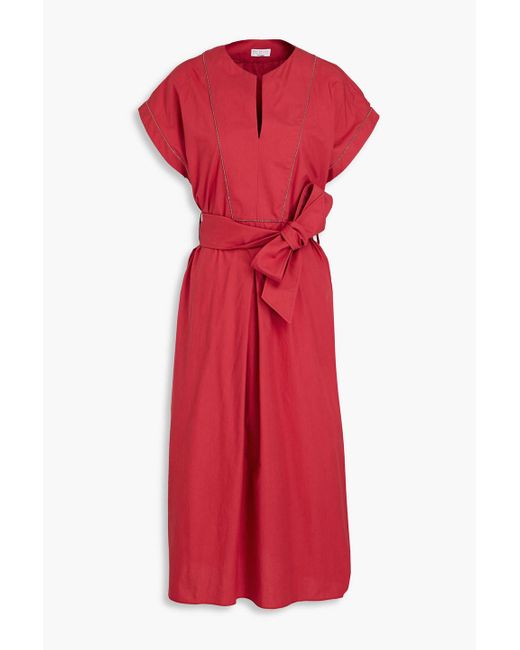 Brunello Cucinelli Red Hemdkleid in midilänge aus baumwollpopeline mit zierperlen