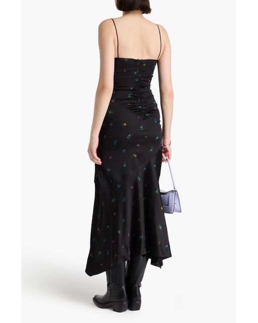 Ganni Black Ruched Floral-print Satin Midi Dress