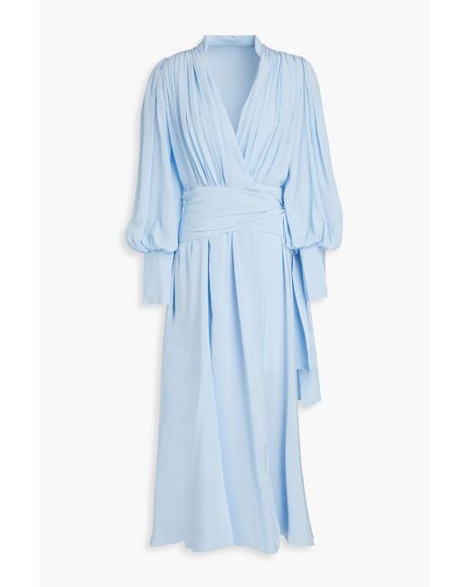 Costarellos Blue Gathered Silk Crepe De Chine Midi Dress