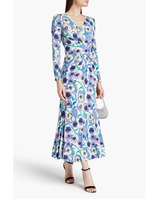 Diane von Furstenberg Blue Timmy Draped Printed Jersey Maxi Dress