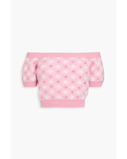 Alessandra Rich Pink Off-the-shoulder Cropped Jacquard-knit Mohair-blend Top