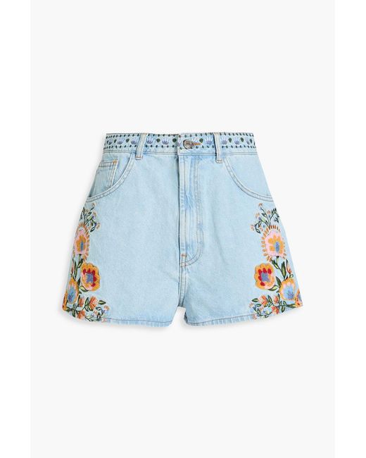 Farm Rio Blue Embroidered Denim Shorts