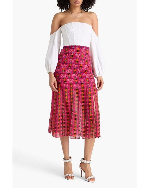 Saloni Red Diana Fringed Printed Silk-georgette Midi Skirt