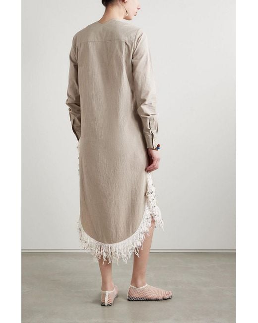 DIOTIMA White Una Oversized Fringed Bead-embellished Checked Cotton Midi Dress