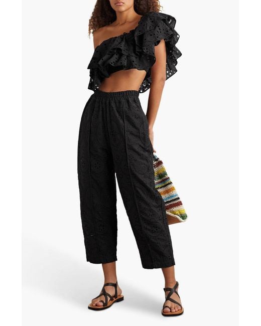 Charo Ruiz Black Lya Cropped Broderie Anglaise Cotton-blend Wide-leg Pants