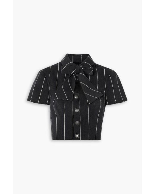 Alessandra Rich Black Cropped Bow-Detailed Cutout Pinstriped Wool-Blend Jacket