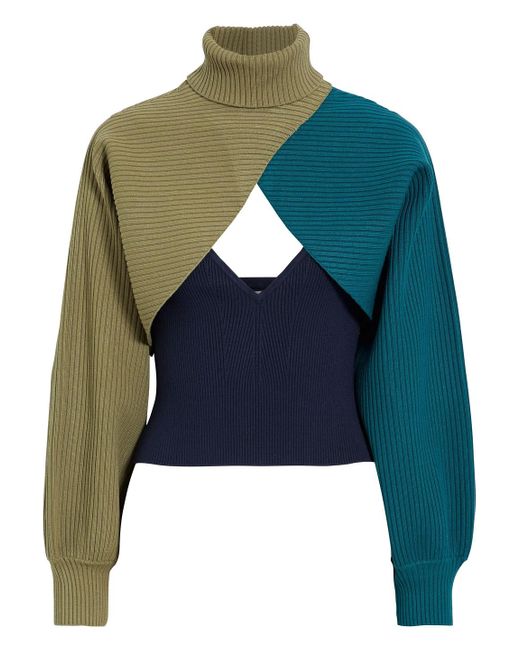 Ronny Kobo Green Rennia Color-block Ribbed-knit Camisole And Shrug Set