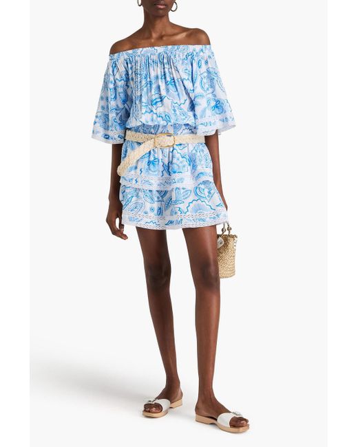 Melissa Odabash Blue Micha schulterfreies gestuftes minikleid aus voile mit print